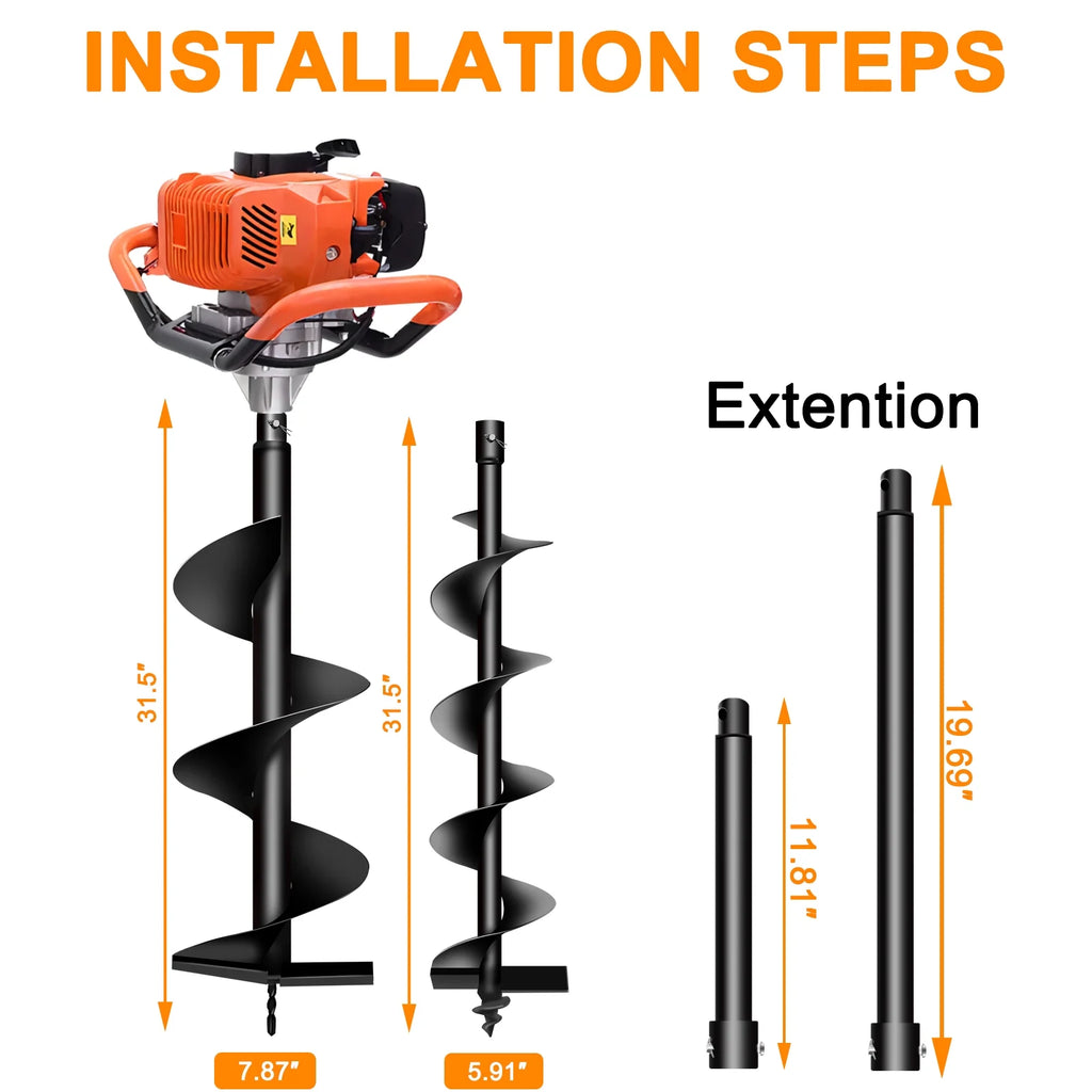 PRIJESSE Gas Powered Earth Digger Post Hole Digger with 3 Extension Rods + 3 Auger Drill Bits