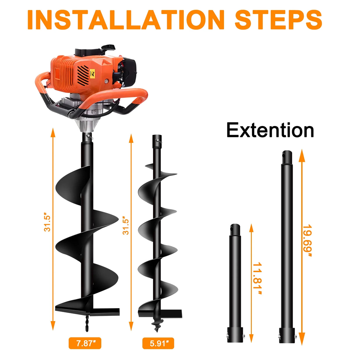 PRIJESSE Gas Powered Earth Digger Post Hole Digger with 3 Extension Rods + 3 Auger Drill Bits