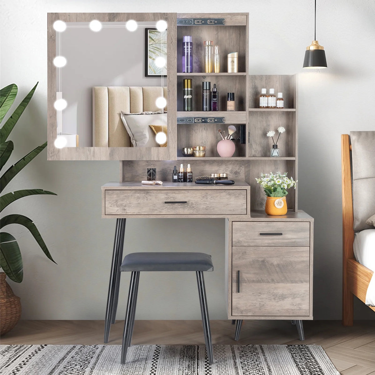Kadyn Vanity Desk with Lighted Mirror, Vanity Table and Chair Set with 2 Drawers, Dressing Table Makeup Desk with 1 Door, Retro Gray