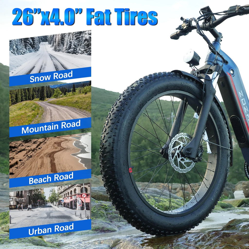 ZDZA Electric Bike for Adults, 26*4.0 Fat Tire 2000W Peak Motor 28MPH E-Mountain Bike, 48V 18Ah Off Road Ebike with Shelves, Dual Shock Absorbers UL2849