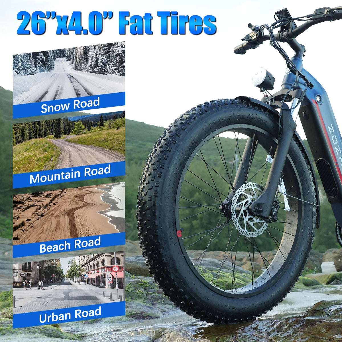 ZDZA Electric Bike for Adults, 26*4.0 Fat Tire 2000W Peak Motor 28MPH E-Mountain Bike, 48V 18Ah Off Road Ebike with Shelves, Dual Shock Absorbers UL2849