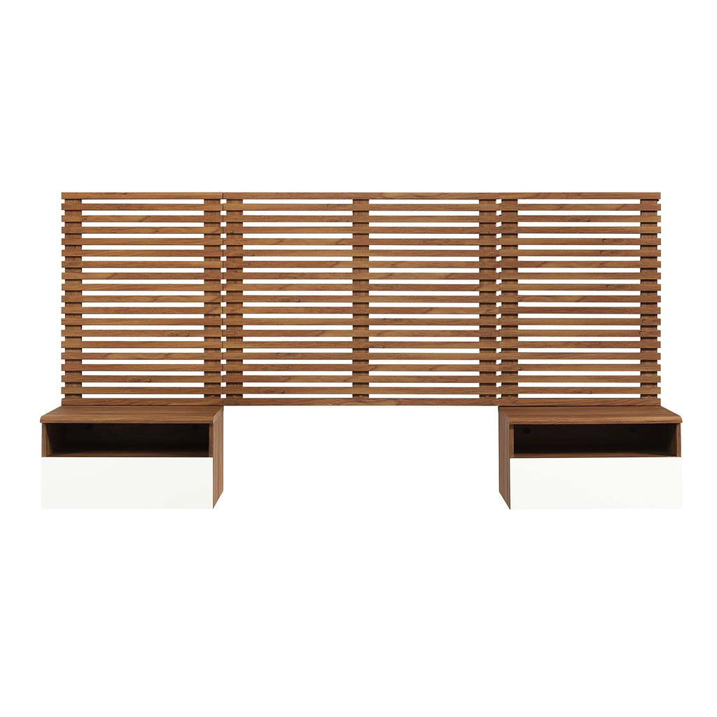 Modway Render Wall Mount Queen Headboard and Modern Nightstands in Walnut