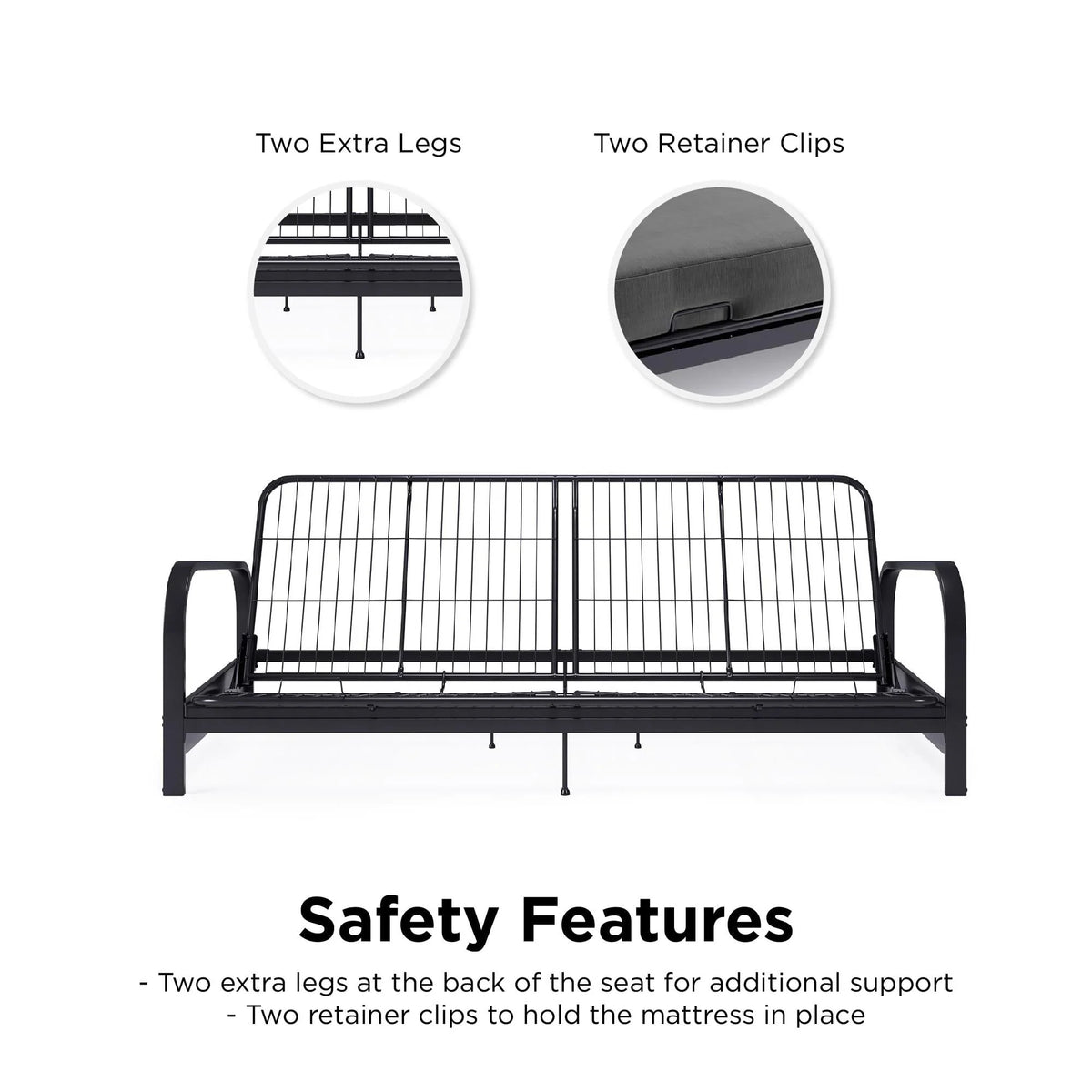 DHP College Metal Arm Futon, Black Frame with Gray Mattress