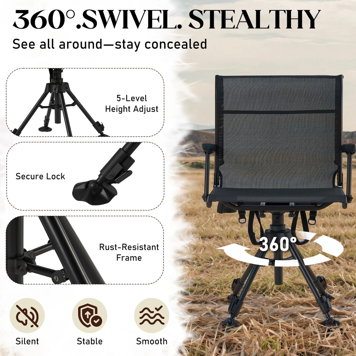 Danrelax 360�� Silent Camo Hunting Blind Chair, Armrests, Side Pouch, Telescopic Legs