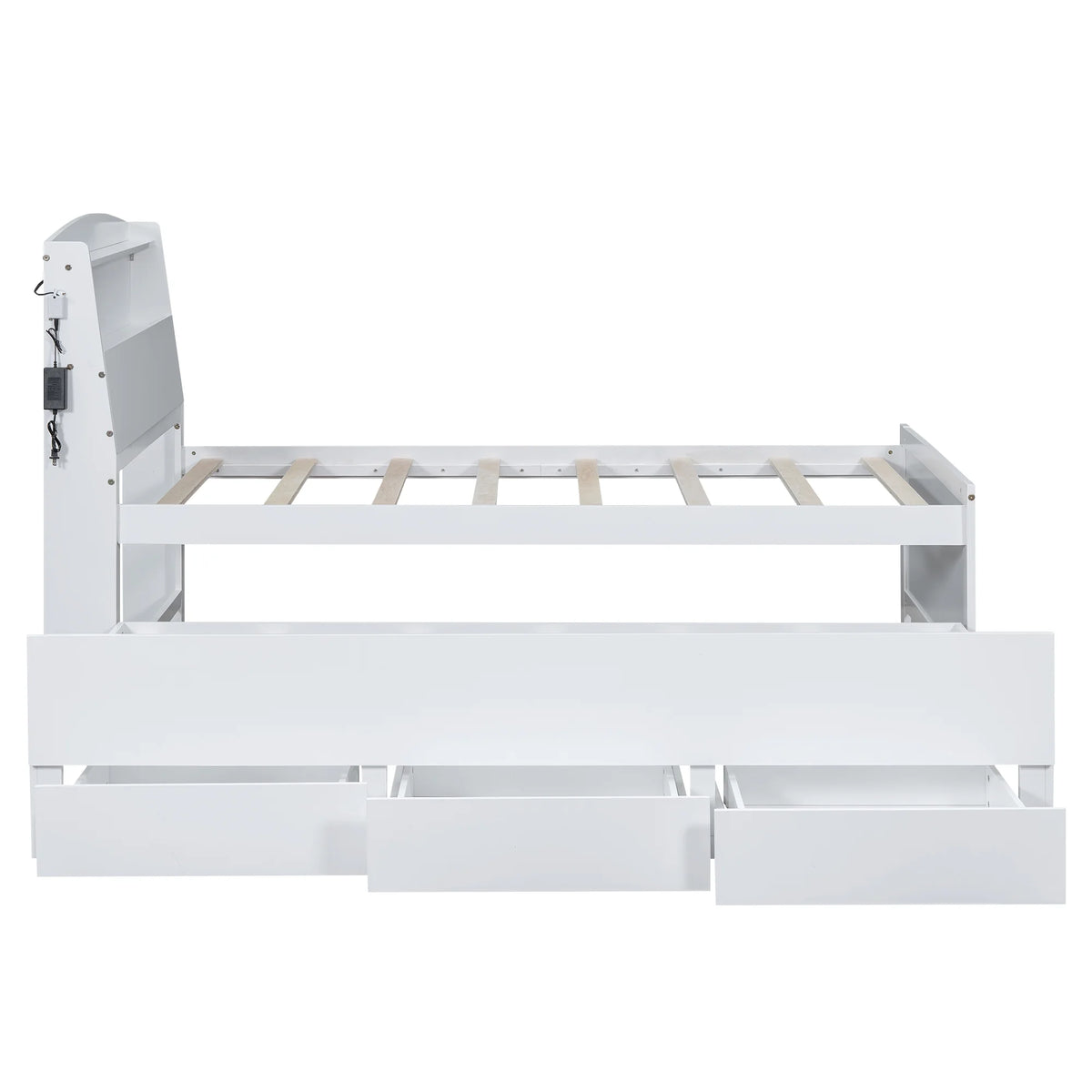 Euroco Wood Twin Size Platform Bed with Storage Headboard, Drawers Trundle and LED Light, White