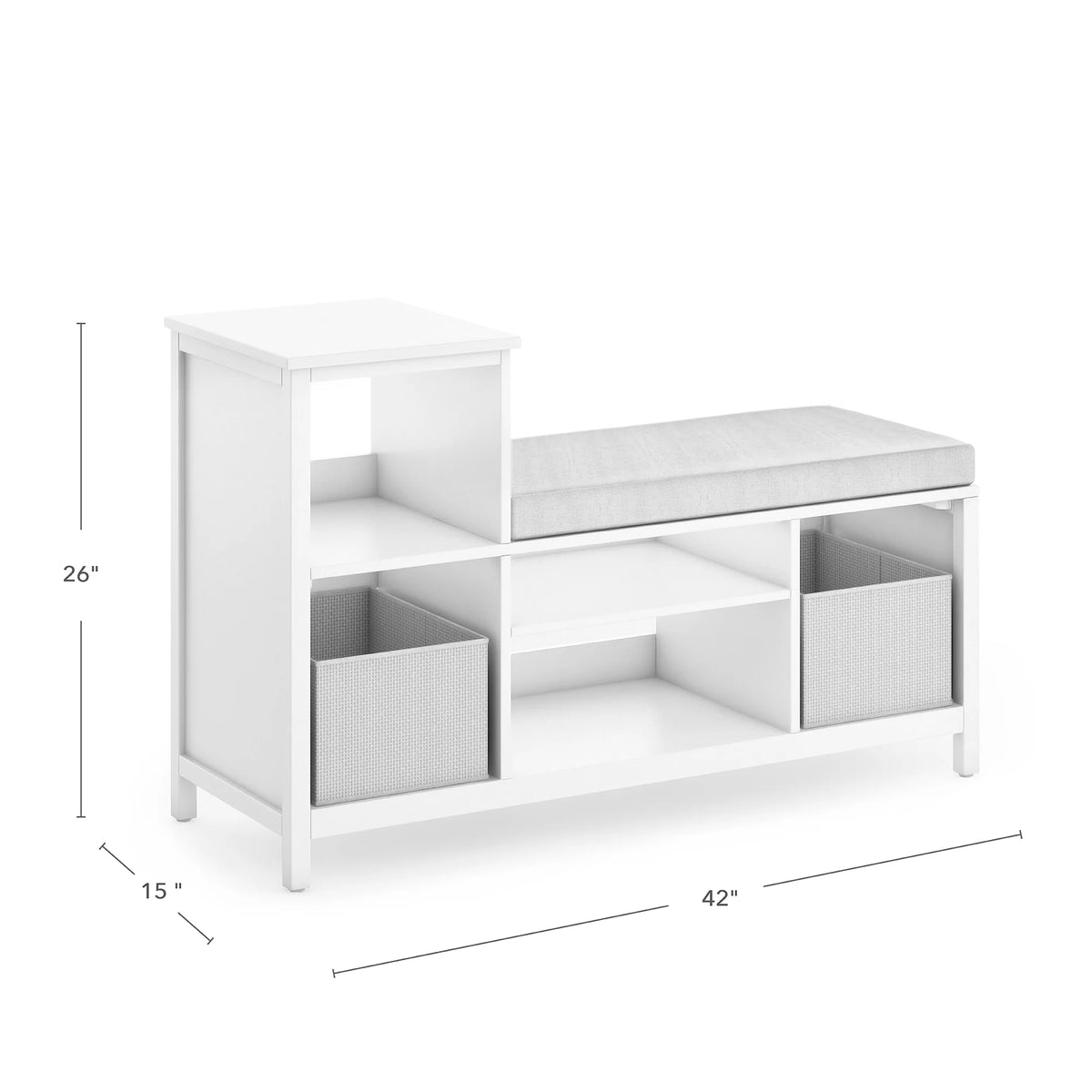 Martha Stewart Kids' Jr. Reading Nook with Bins - Linen White: Kids Wood Bookshelf and Storage Bench with Open Shelves and Canvas Storage Bins for Toys, Games, and Books