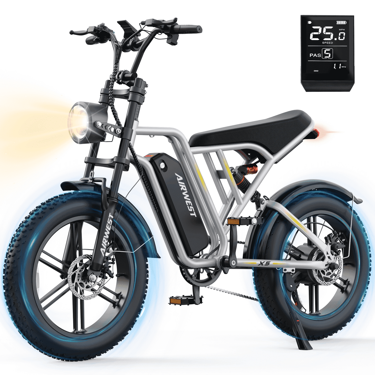 AIRWEST Peak 1000W Electric Bike for Adults - Reaches 25MPH, 65 Miles Long Range, 48V 13Ah Battery, Full Suspension, 7-Speed, 20" Fat Tire Electric Motorcycle Dirt Bike, UL2849