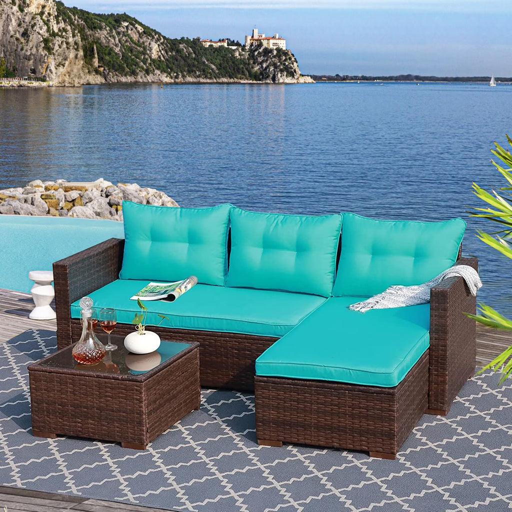 3 Piece Patio Furniture Sets,  Outdoor All-Weather Wicker Sectional Sofa Set, Beige