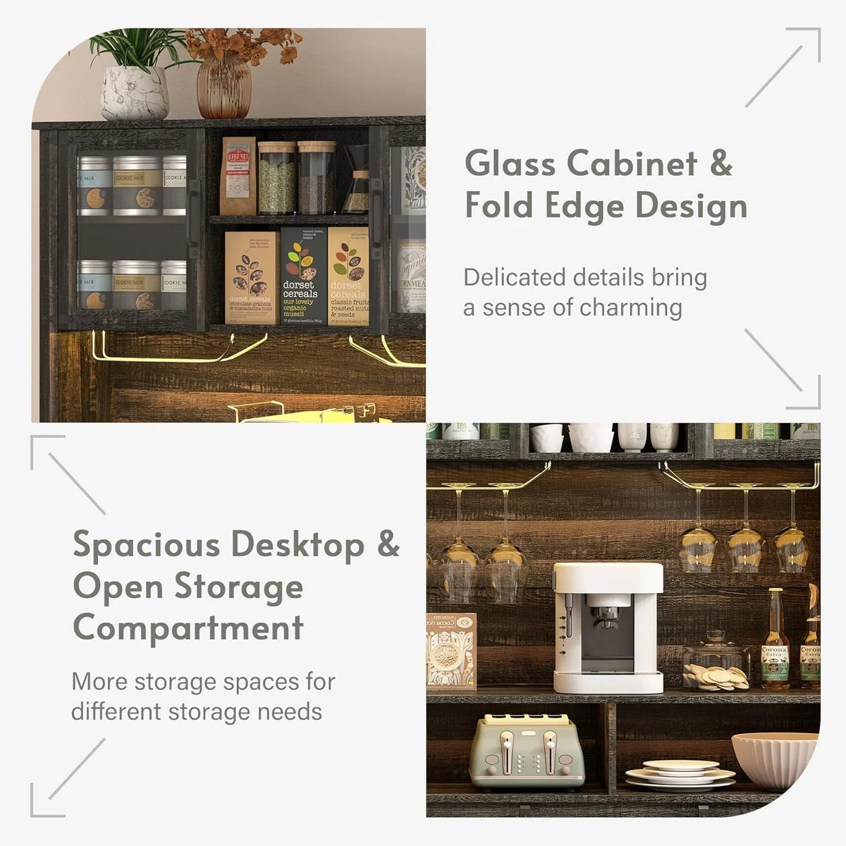 72" Farmhosue Coffee Bar Cabinet with Storage, Tall Kitchen Buffet with Hutch & Wine & Glasses Rack, Sliding Barn Door, Charging Station, RGB Lighting, 12 Storage Shelves, Sideboard Table