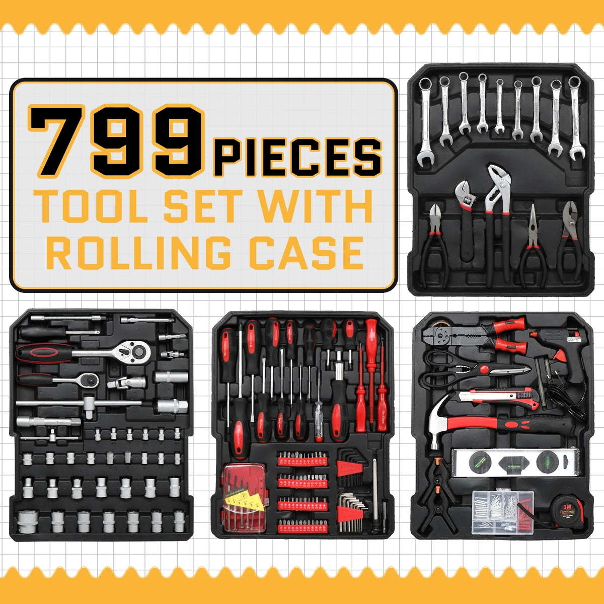 UBesGoo 799 Pcs Tool Set, Household Repair Hand Tool Kit, Mechanics Tool Kit, with Trolley Case, Silver