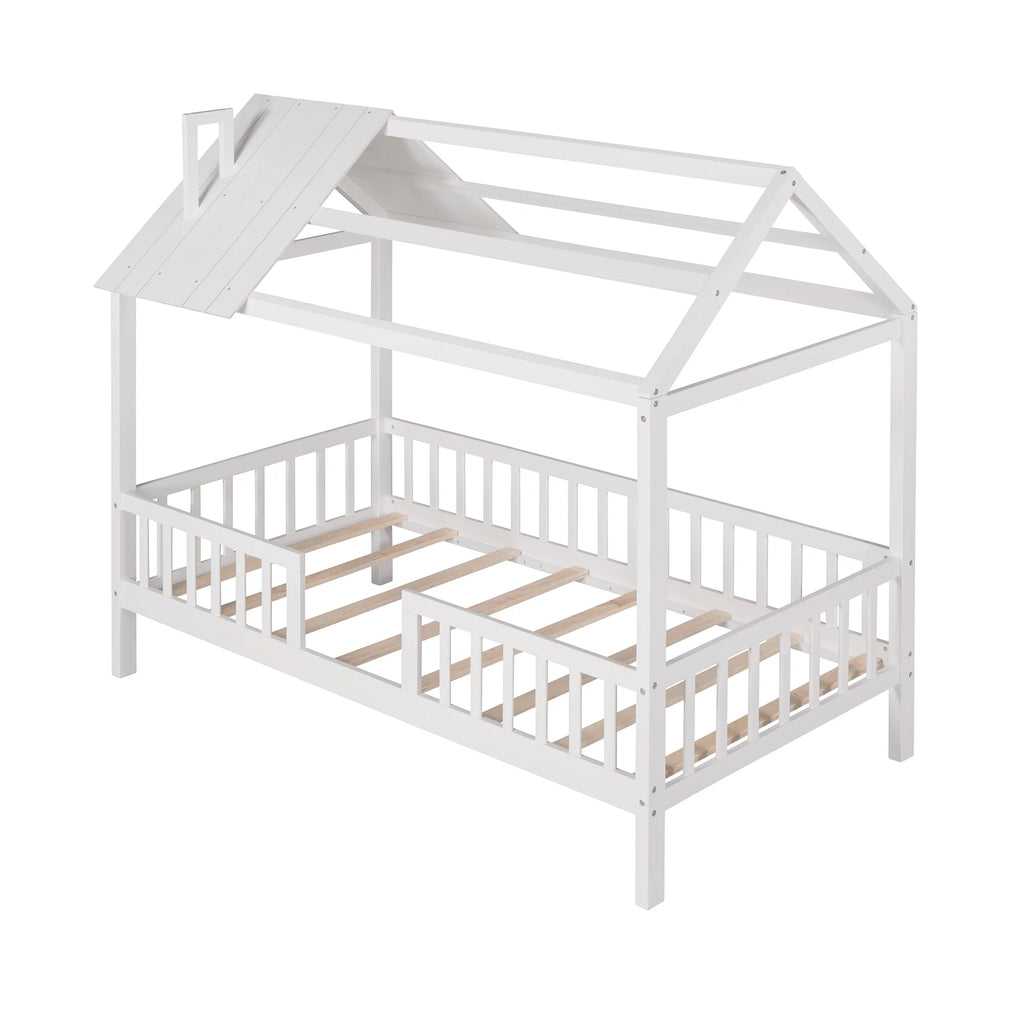 Euroco Twin Size Platform Bed, House Bed with Fence for Kids, Gray