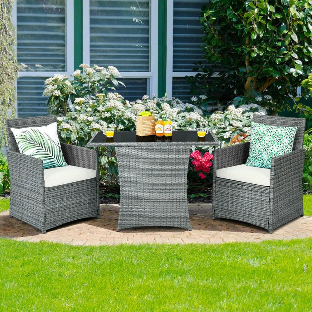 GVN Backyard Furniture Sets,Outdoor Furniture Sets,3 Pieces Patio Rattan Furniture Set with Cushioned Armrest Sofa-White