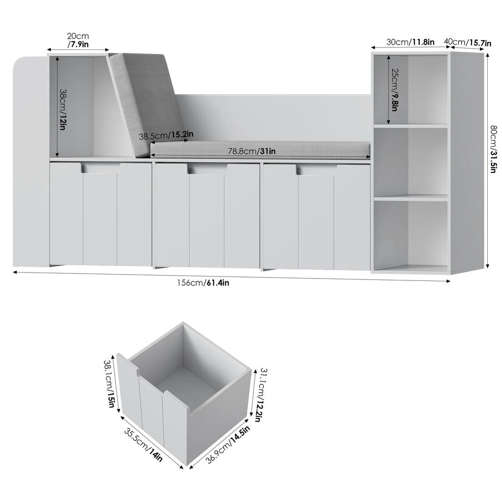 Homfa 4-in-1 Kids Toy Storage Cabinet, Bookshelf with 3 Drawers, Sturdy Toy Organizer with Reading Nook for Kids Room Playroom, Gray