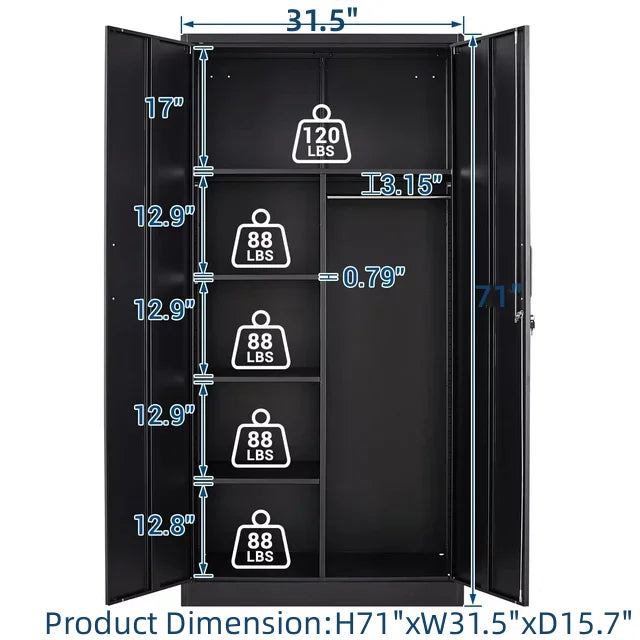 STANI Metal Locker Storage Cabinet, Employees Locker with Hanging Rod Bar, 71a?? Black Tall Steel Wardrobe for Home, School, Office (Assembly Required)