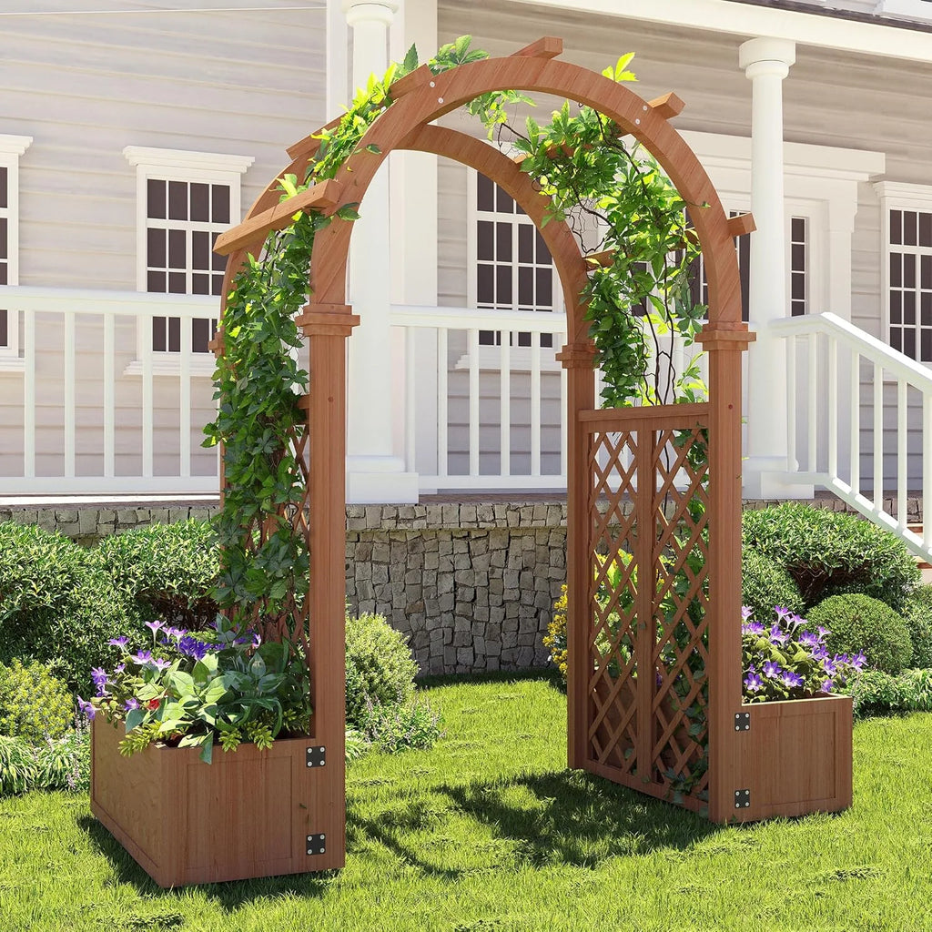 Wooden Garden Arbor with Planter&Swing,Outdoor Arbor Trellis for Climbing Plants, Roses, Vines, Outside Pergola Planter, Garden Arch for Lawn Backyard Wedding Ceremony Bridal Party