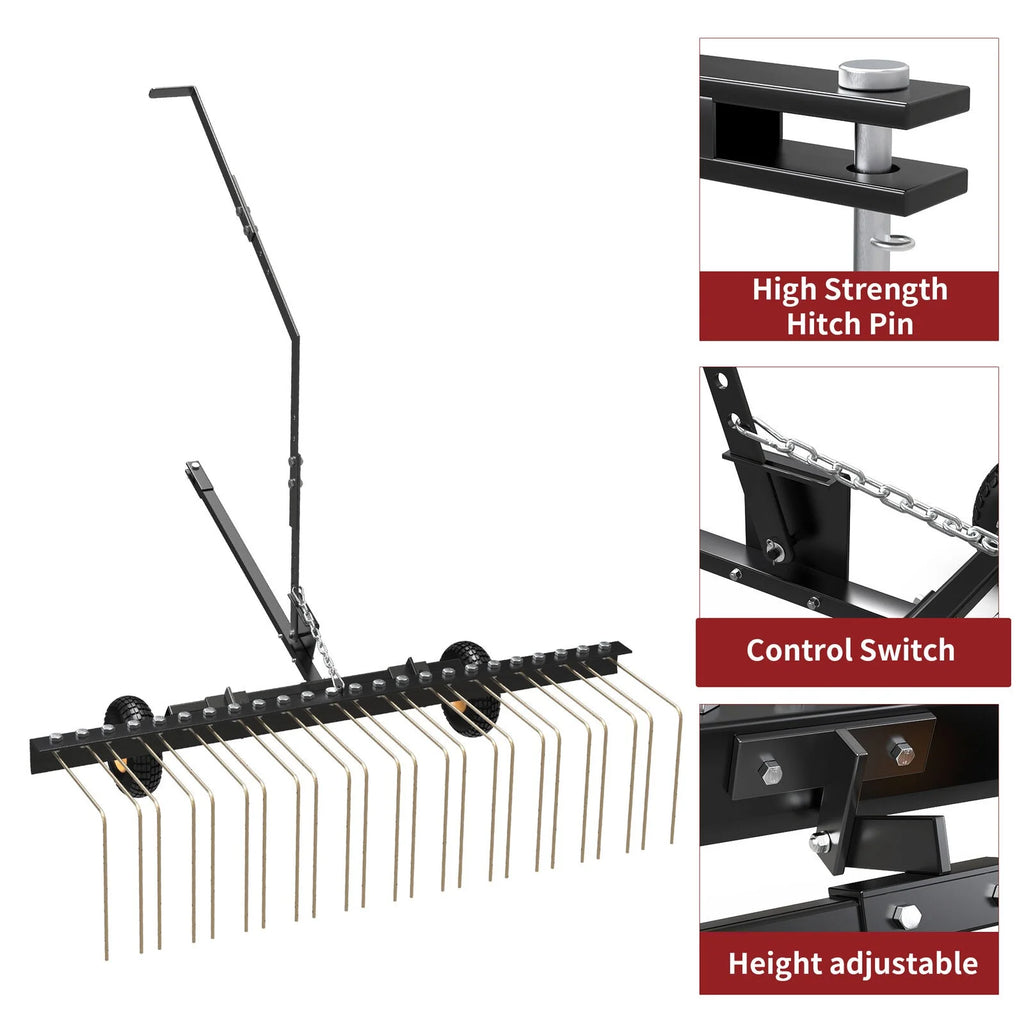 RVNI 60" Dethatcher Tow Behind Lawn Groomer Steel Landscape Rake with Wheels Corrosion Resistant ATV & UTV