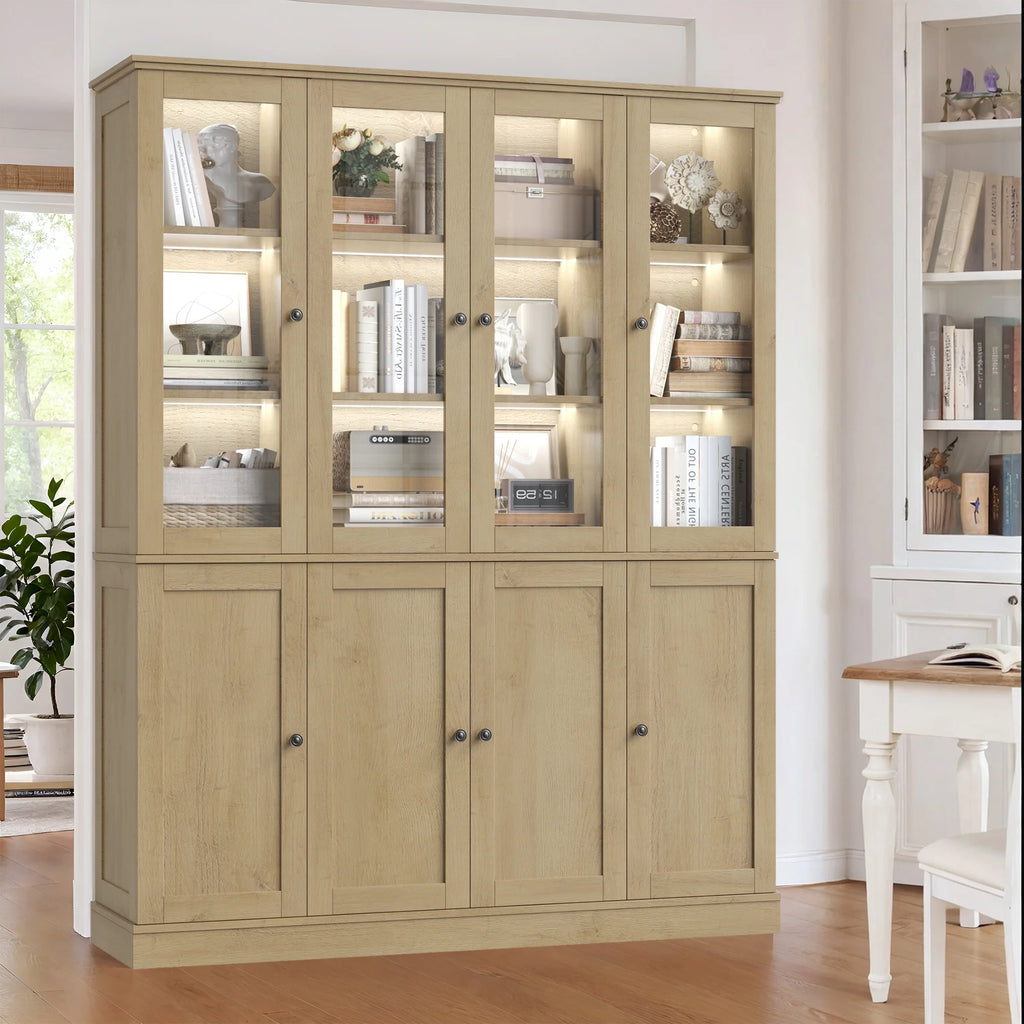 Homfa Kitchen Pantry Cabinet with Glass Doors, 74���� Tall Display Cabinets with LED & Adjustable Shelves for Living Room Office, White
