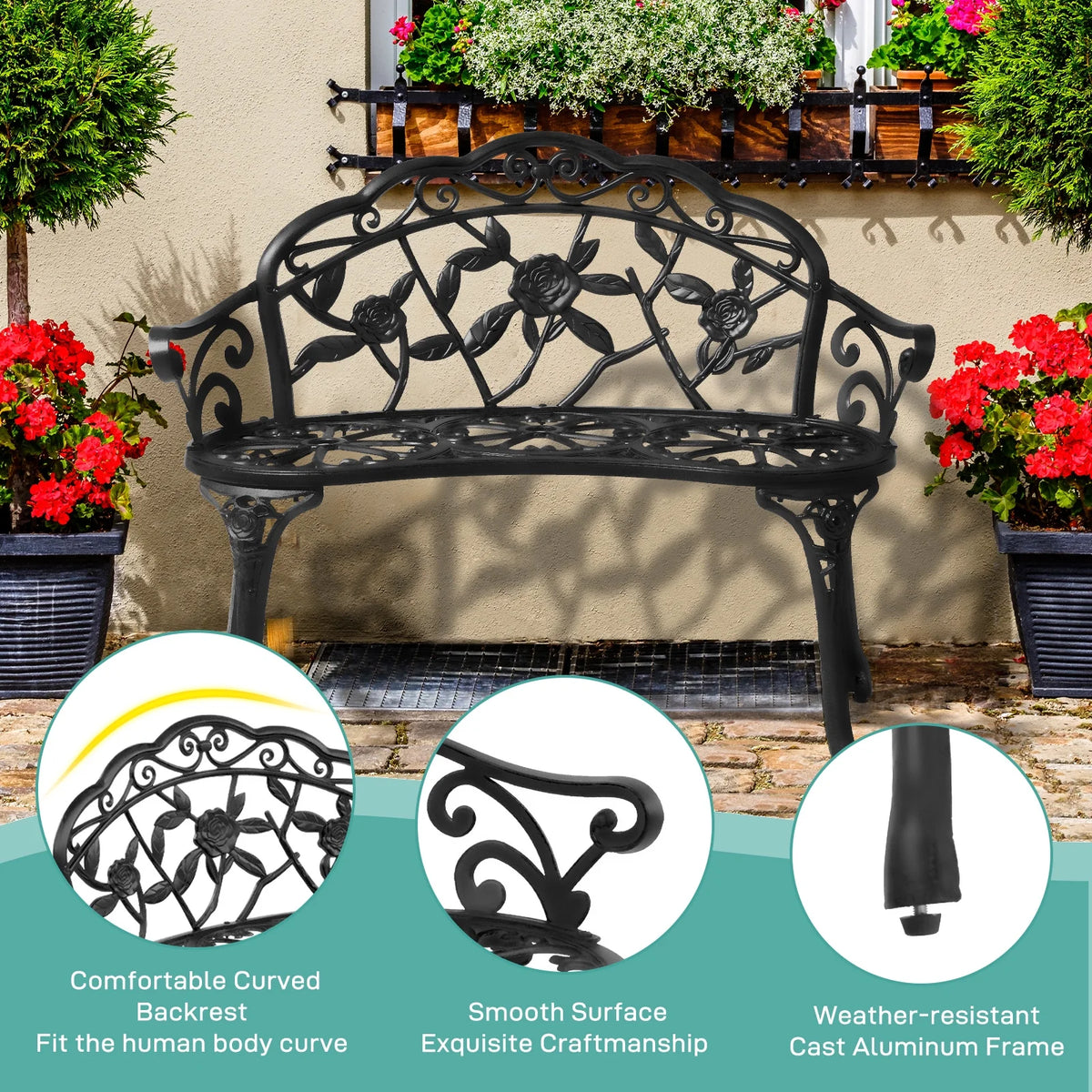 Zimtown Courtyard Park Outdoor Patio Bench Leisure Rose Cast Aluminum Chair, Metal Loveseat Bench for Garden Patio, Porch, Deck, Bronze