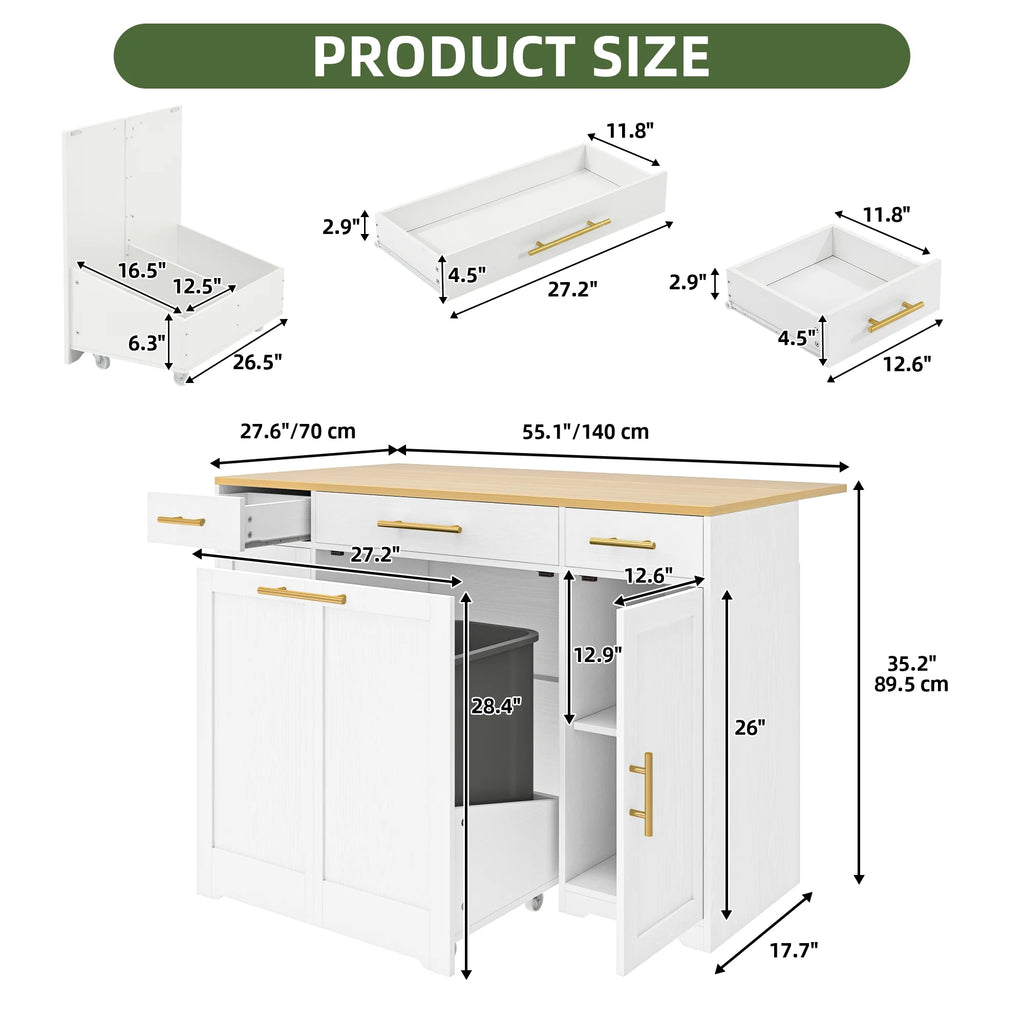 Uforic Kitchen Island with Drop Leaf & Wheels, Island Table with Trash Storage Cabinet, Black