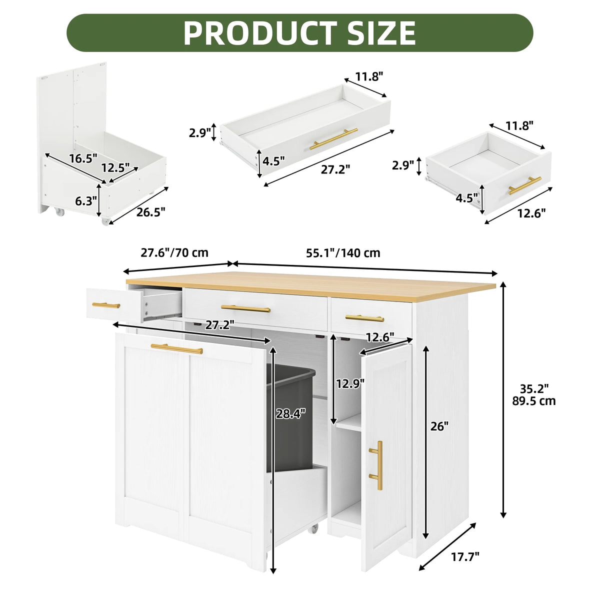 Uforic Kitchen Island with Drop Leaf & Wheels, Island Table with Trash Storage Cabinet, Black