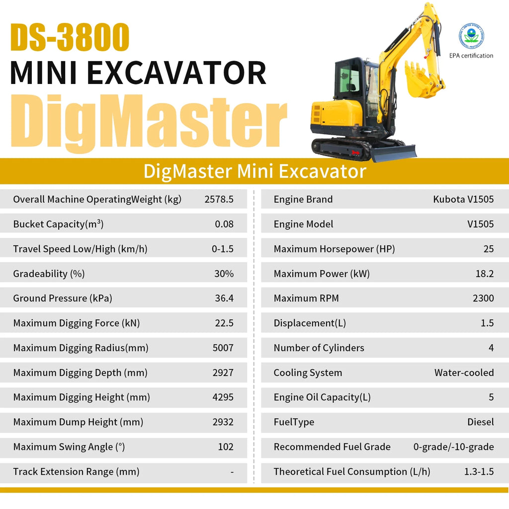 DigMaster 3.5Ton Mini Excavator With an EPA-Certified Kubota 4-Cylinder Water-Cooled Diesel Engine for Farming Trenching and Landscaping