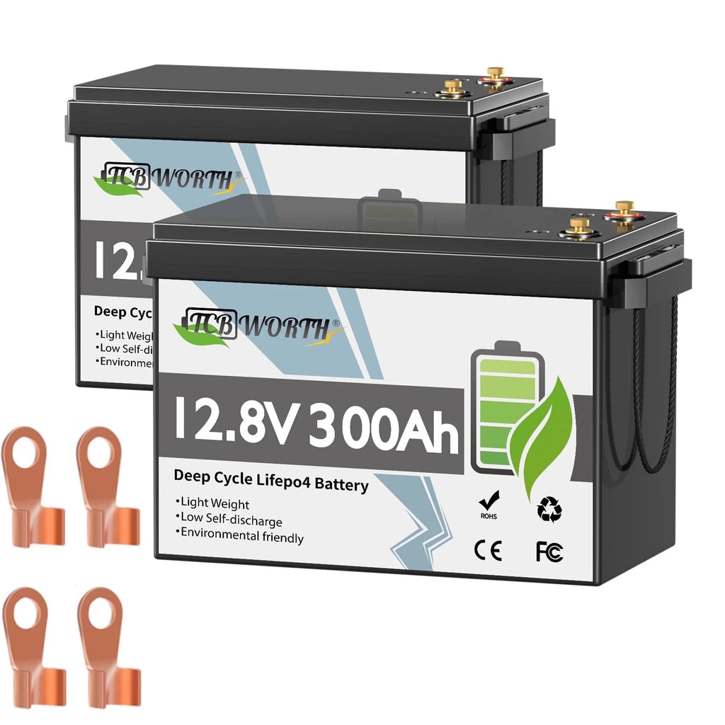2Pack 12V 300Ah LiFePO4 Lithium Battery,TCBWORTH  Batteries for RV,Solar,Marine,Camper,Home Energy Storage,Golf Carts,off-Grid,Built in 200A BMS,15000+ Deep Cycles