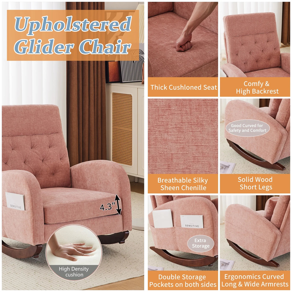 Ktaxon Rocking Accent Chair Glider Reading Chair Comfy Teddy Velvet Upholstered Single Sofa Rocker for Living Room, Nursery, Bedroom Beige