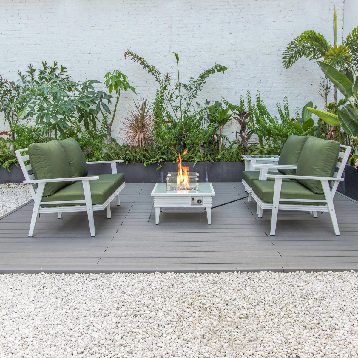 LeisureMod Walbrooke Modern Aluminum 5-Piece Patio Conversation Set with Outdoor Square Fire Pit Table with Slats Design & Side Table Tank Holder (Green)