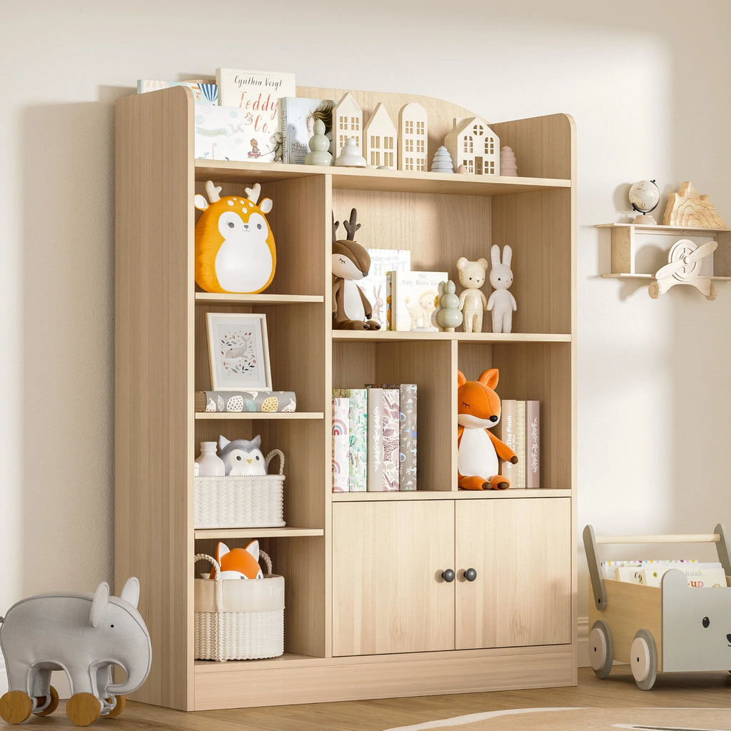 DIYART White Kids Bookshelf, Kids Bookcase with 7 Cubbies and 2 Cabinets, Freestanding Book Storage Shelves for Bedroom, Playroom, Hallway