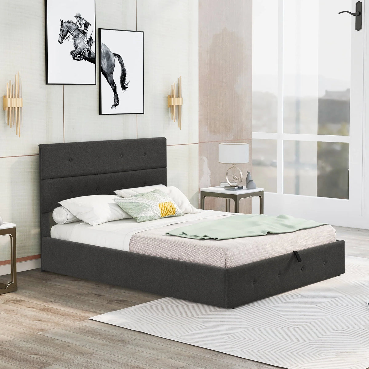 Euroco Queen Size Platform Bed with Underneath Storage, Upholstered, Gray