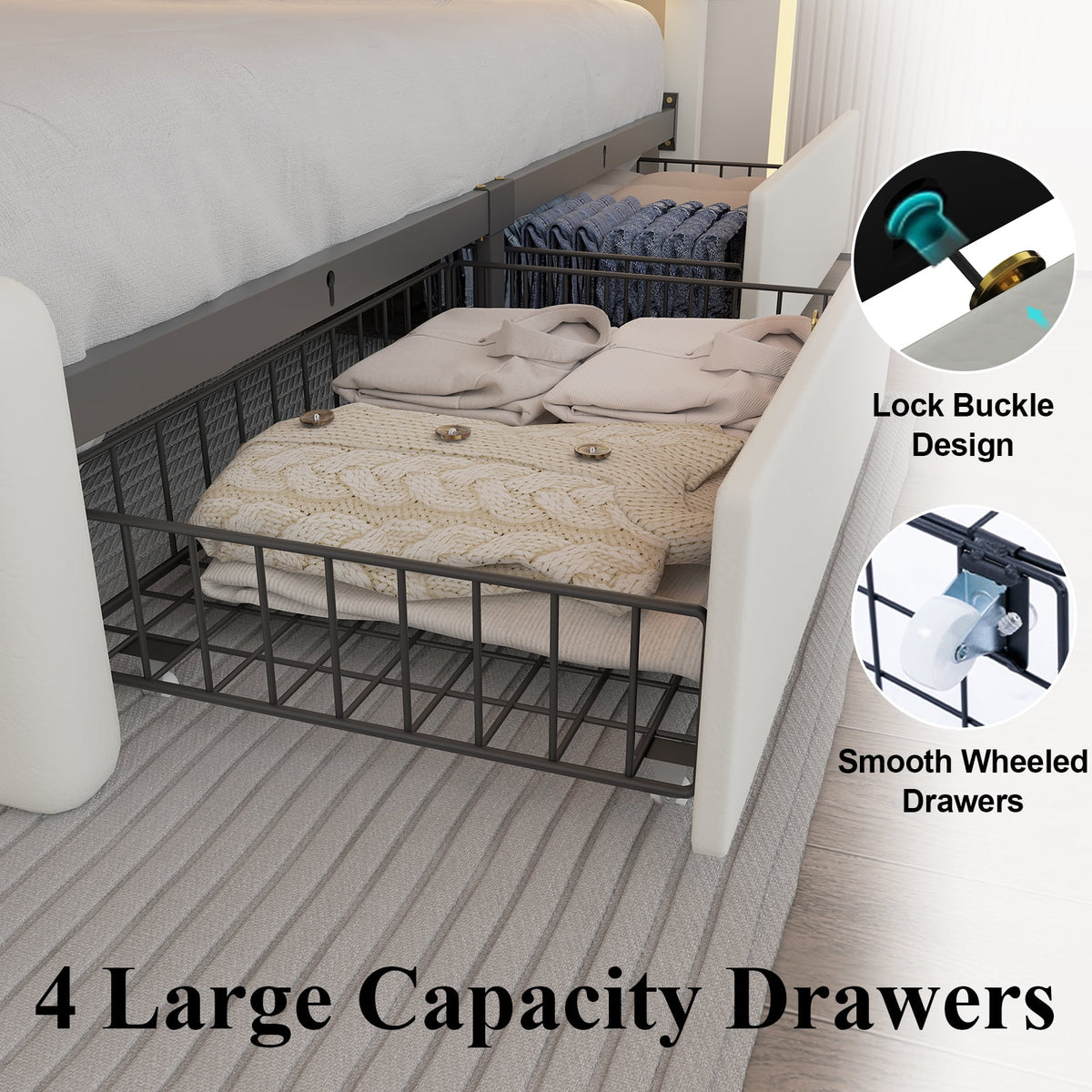 Full Size Upholstered LED Bed Frame with 4 Storage Drawers, Faux Leather Platform Bed with Adjustable Headboard, White