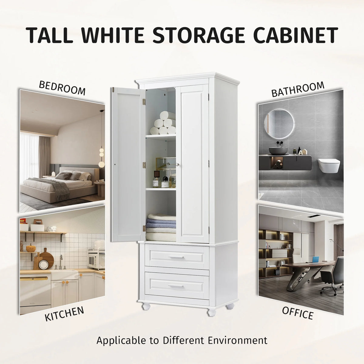 Bellemave White Tall Storage Cabinet with Adjustable Shelf Bathroom Cabinet with 1 Drawer and Storage Rack Large Freestanding Wood Cabinet Storage Organizer Floor Cabinet, White