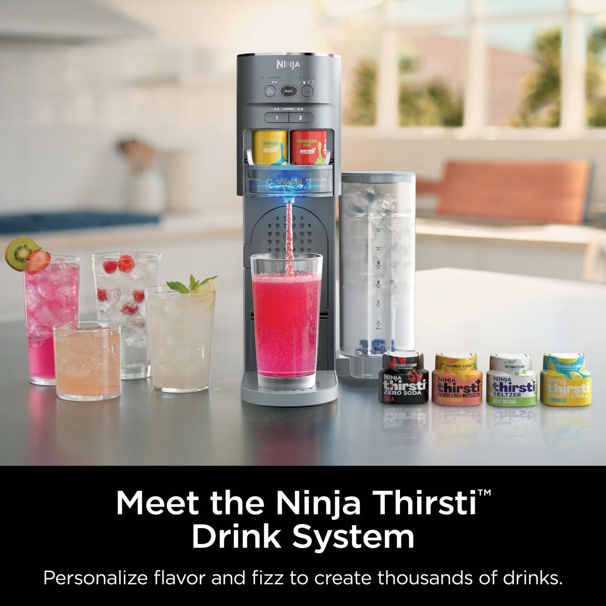 Ninja Thirsti Drink Maker, Still, Sparkling Custom Drink Kit, with CO2 Canister, Flavors, and 48 oz Reservoir