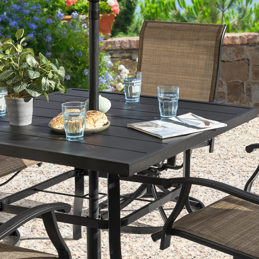 Nuu Garden 5 Piece Outdoor Patio Dining Set, Metal Patio Furniture Set 4 Textilene Swivel Chairs and 37" Square Iron Umbrella Dining Table,Black and Brown