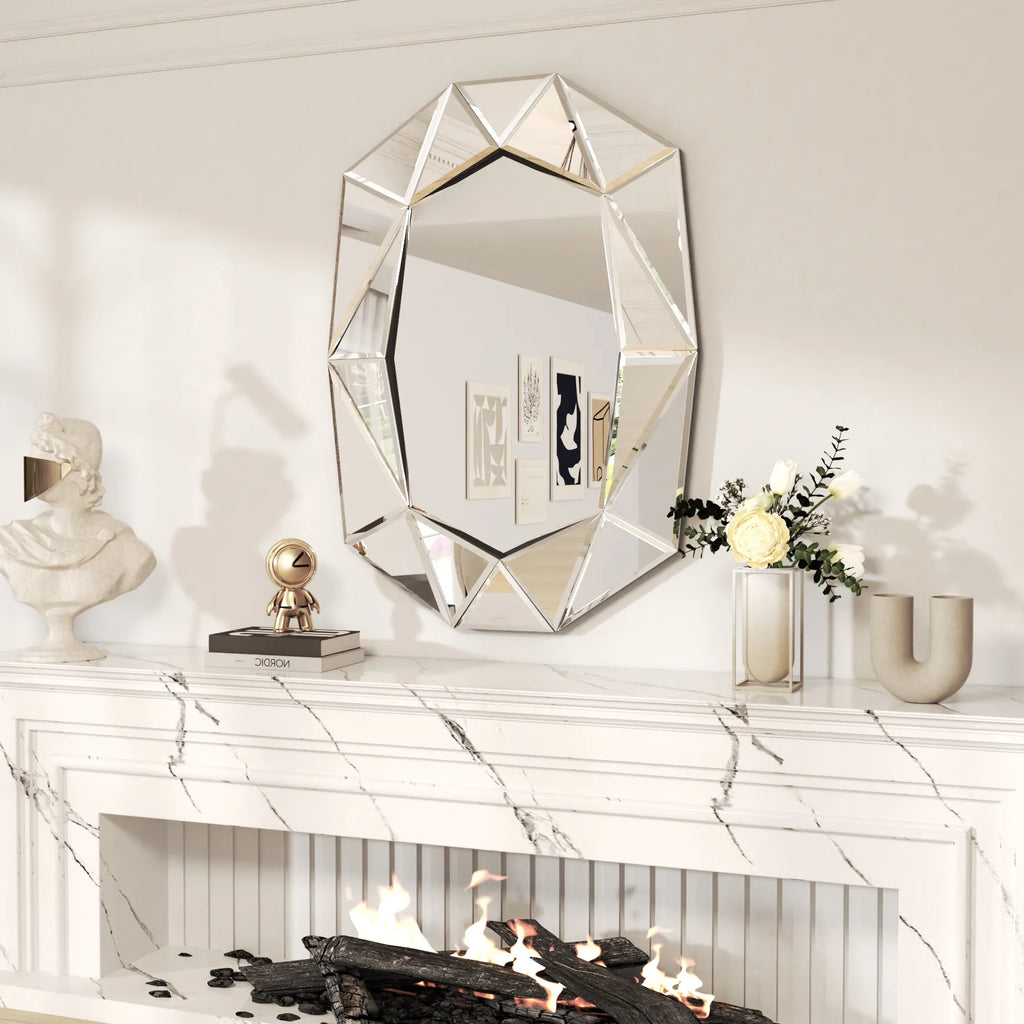 LUVODI Geometric Mirror Wall 28 x 39 inch Art Mirror Green 3D Glass Beveled for Bathroom Living Room