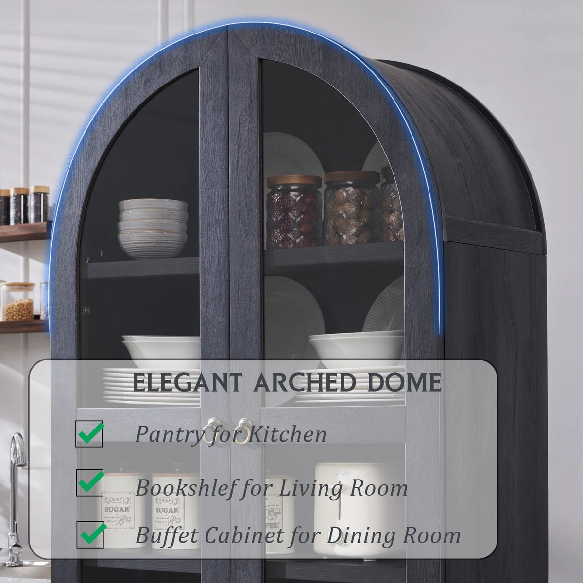 SinCiDo Arched Kitchen Pantry Storage Cabinet, 71-Inch Tall Wood Adjustable Shelves, 2 Doors, 2 Drawers