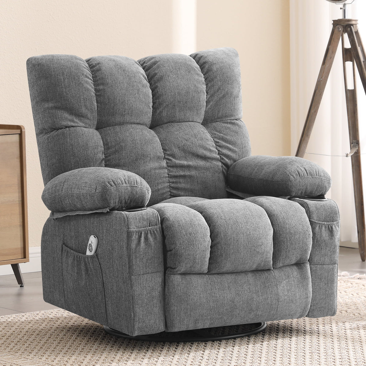 JONPONY Manual Recliner Chair with Heat Therapy and Massage Function, Heavy Duty Reclining Mechanism Massage Chair, Elderly Single Rocker Sofa with Cup Holders for Bedroom Home Theater,Grey