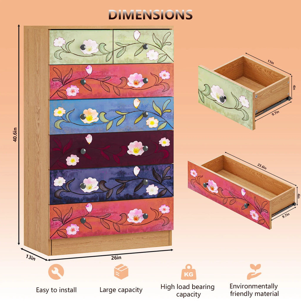 Ktaxon Wood 6-Drawer Dresser Organizer for Bedroom Storage Tower for Entryway Hallway Closet, Tall Chest Organizer Unit with Wood Bins, Floral Painted Wooden