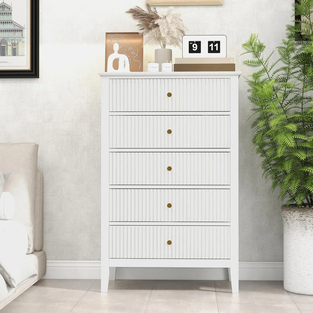 Heynemo Beige 6 Drawer Dresser, Fluted Modern Wood Chest