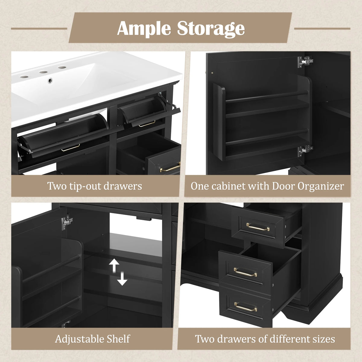 Christopher Knight Home 36" Bathroom Vanity with Sink, Tip-out Drawers, Soft-Close Doors, Grey