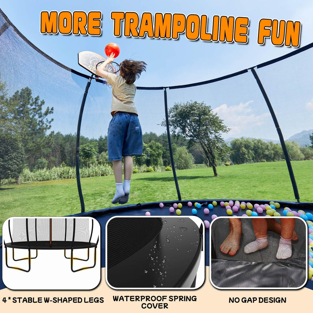 Jumpfly Trampoline 10FT Trampoline with Basketball Hoop-Curved Poles Reinforced Recreational Trampolines with Enclosure And Ladder-Outdoor Trampoline for Kids