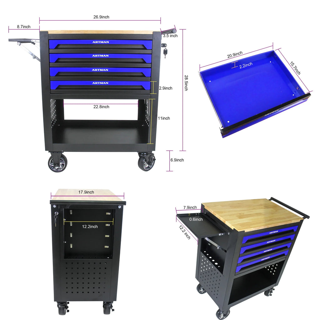 Aukfa 30 inch Mechanic's Tool Cart, 700 LB Capacity 4-Drawer Tool Chest on Wheels for Garage, Black