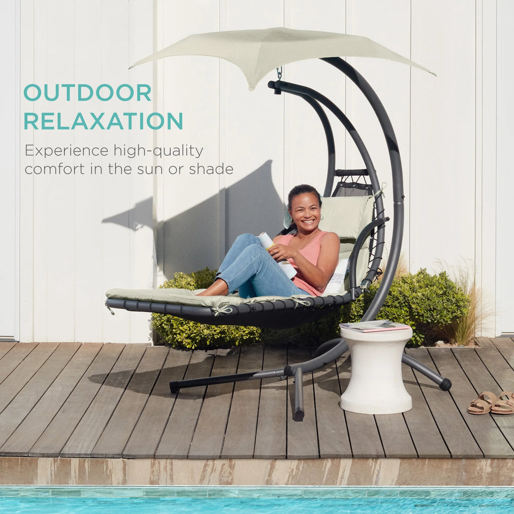Best Choice Products Hanging Curved Chaise Lounge Chair Swing for Backyard, Patio w/ Pillow, Shade, Stand - Teal