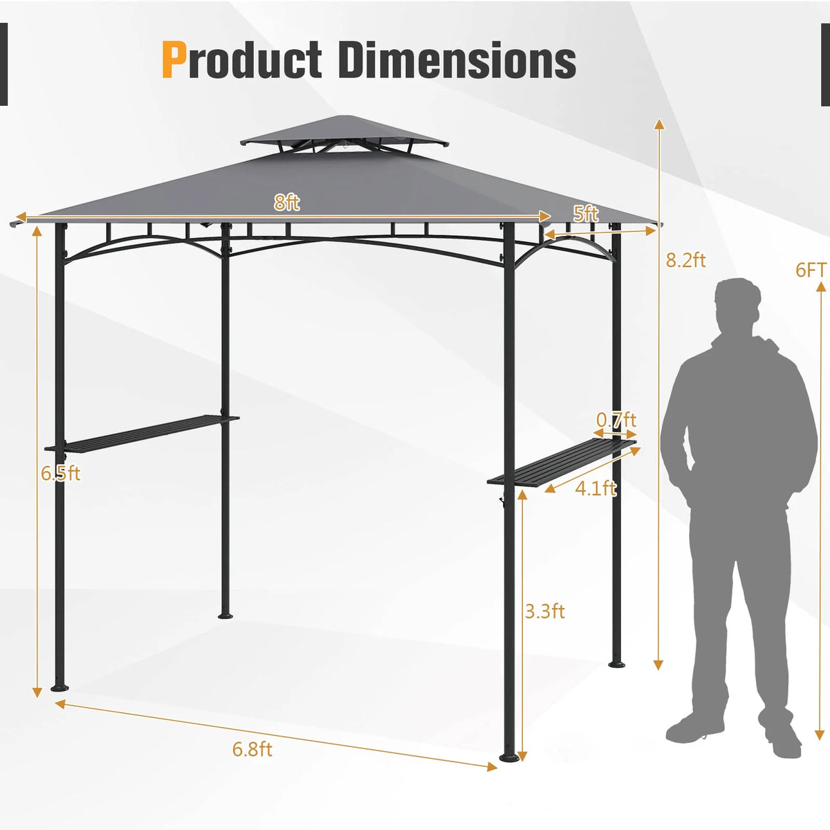 Gymax 8' x 5' Grill Gazebo Outdoor Double-Tiered Grill Canopy w/ 2 Shelves & 6 Hooks