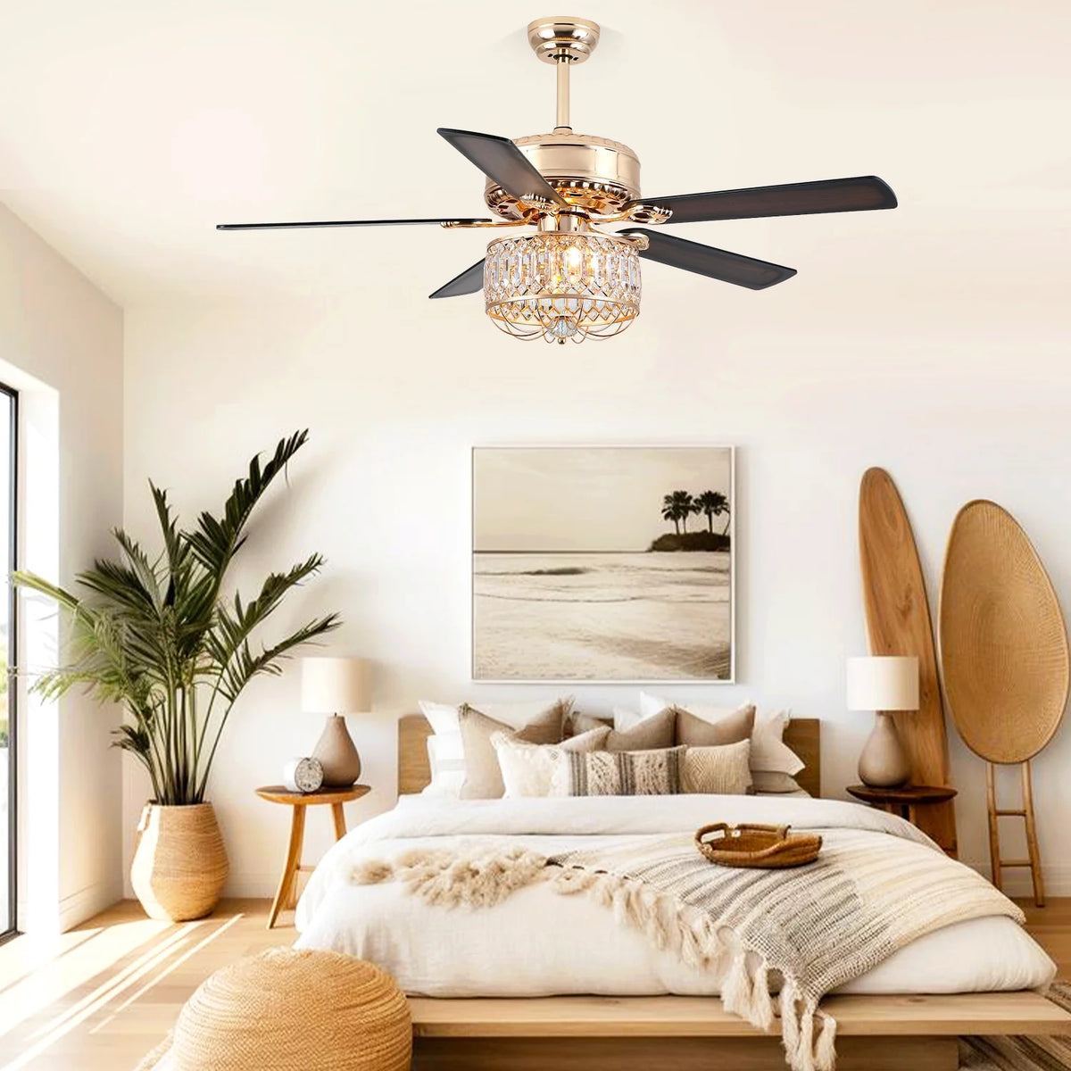 Kviflon 52" Farmhouse Ceiling Fan with Lights & Remote, Crystal Chandelier, Wood Blades, Quiet Motor, 6-Speed, Timer, Modern Lighting for Living Room, Bedroom, Dining Room, Chrome Finish