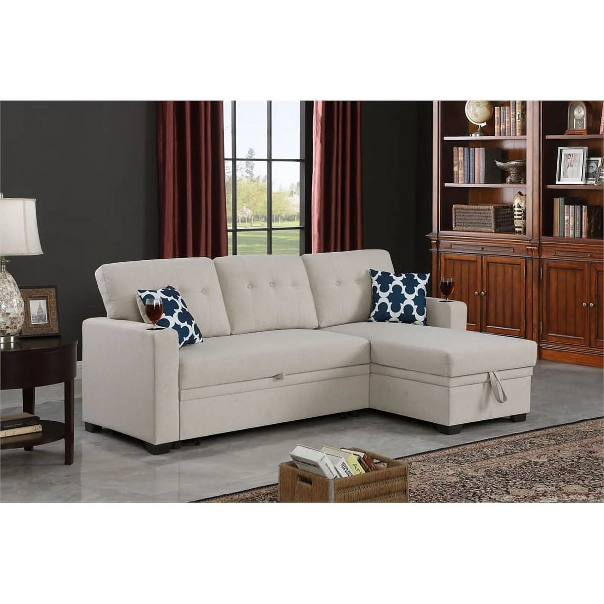 Reversible Fabric Sleeper Sofa Bed & Chaise with Cup Holder-Beige