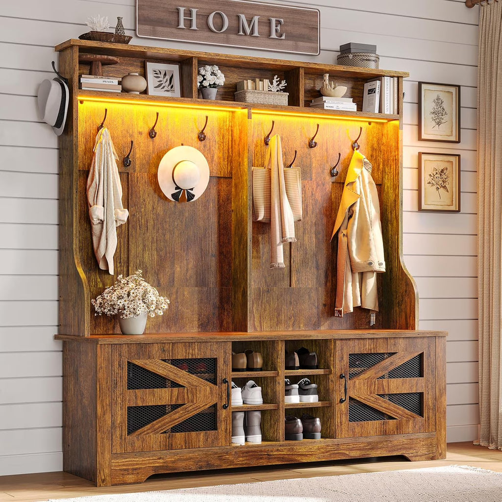 Hall Tree with Coat Rack and 16 Shoe Cubbies, 5-in-1 Entryway Bench with Bench and Shoe Storage, Barn Door & Adjustable Shelf, Embossed White