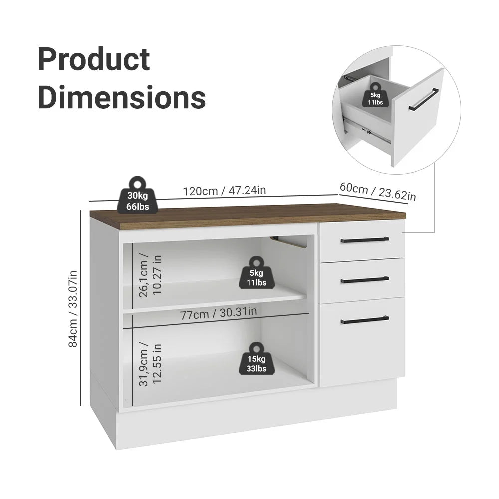 Madesa Garage and Utility Room Base Storage Cabinet with 2 Doors and 3 Drawers Storage Shelves 47 Inch Wooden Organization Unit - White