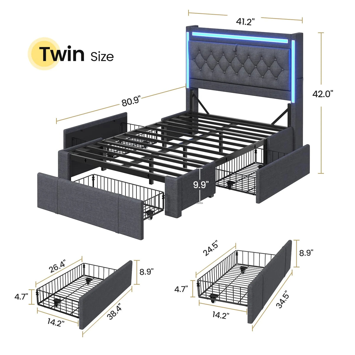 Platform Bed Twin Size with Storage Drawers and Headboard,, Twin Size Velvet Upholstered Bed with RGB Lighting and Power Outlet, No Box Spring Needed, Noise-Free, White