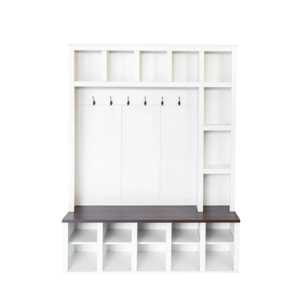 Euroco Farmhouse Wooden Style Hall Tree with 6 Hooks, Walnut Storage Bench, Adjustable Shelves, and 4-in-1 Entryway Shoe Cabinet with 13 Cubbies
